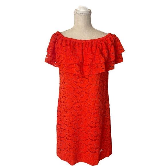Trina Turk Off the Shoulder Lace Mini Dress in Tangerine - Picture 2 of 16